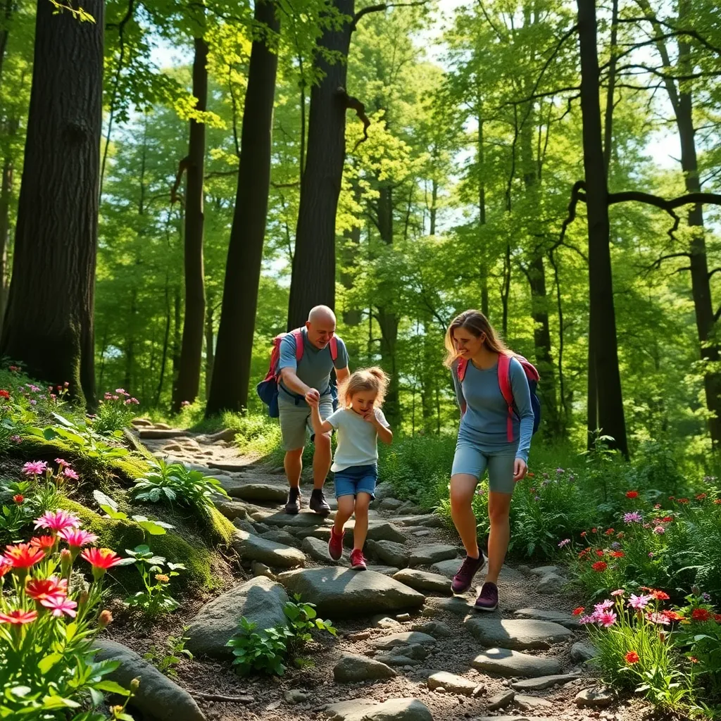 Family Hiking Together in Lush Forest