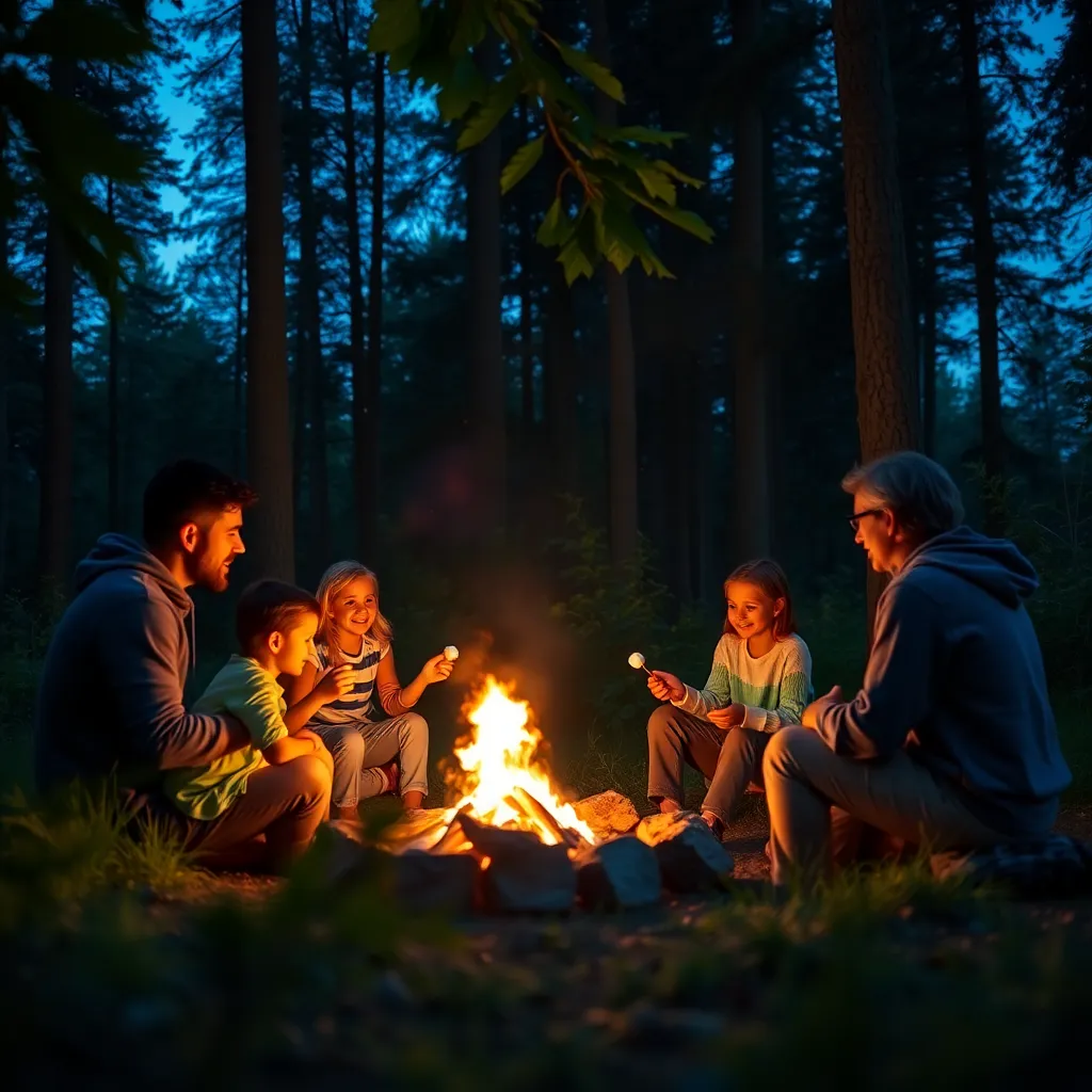 A family enjoying a cozy camping night around a campfire, capturing the warmth and connection of their outdoor adventure.