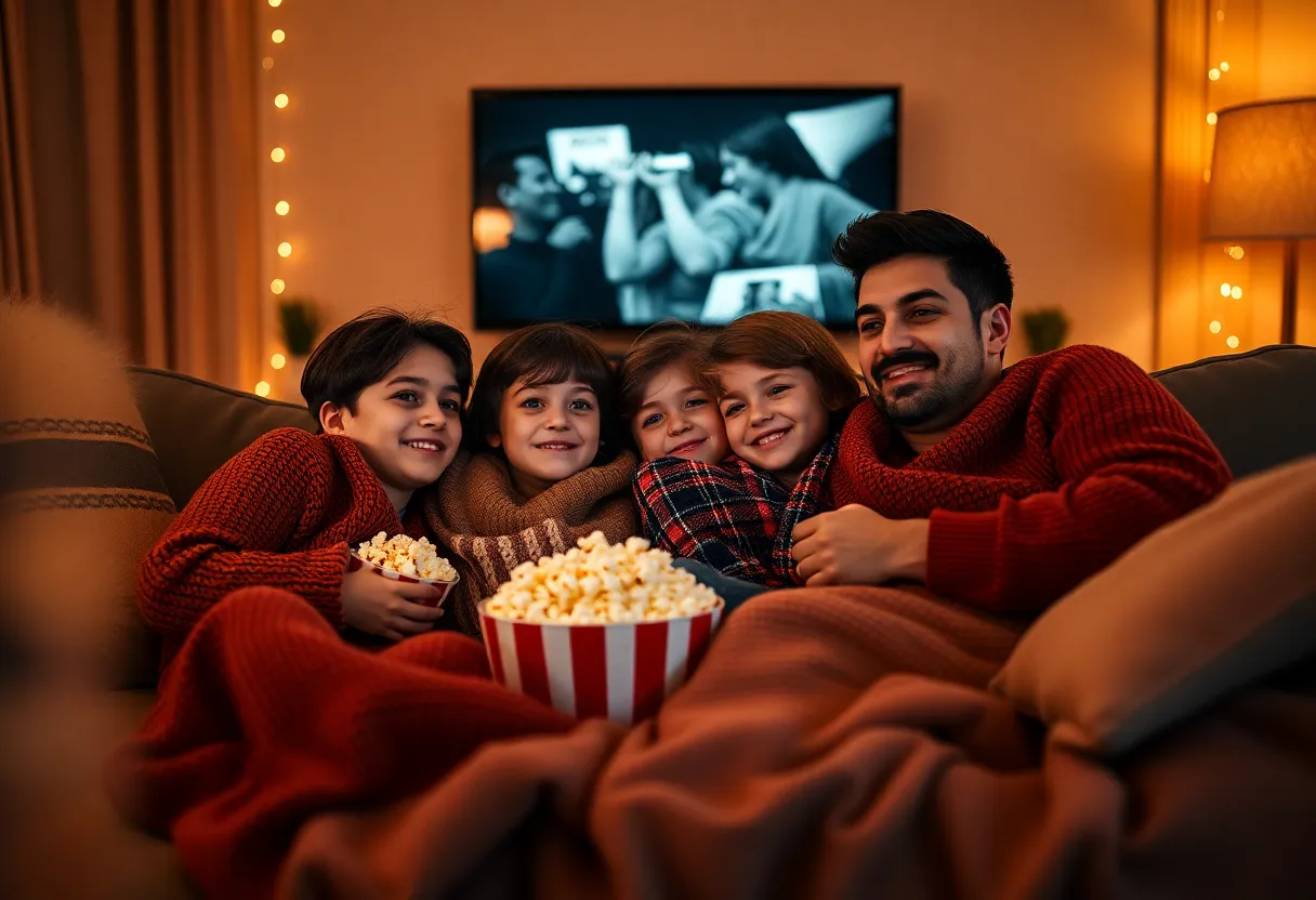 This intimate scene depicts a family enjoying a cozy movie night at home, deeply engaged in the film while snuggling on a comfortable couch. The soft light from the television reflects on their excited faces, while the warm colors create a calm and inviting atmosphere. Textures of soft blankets and the crunch of popcorn elevate the sensory experience, drawing viewers into this heartwarming moment of family connection and shared entertainment.