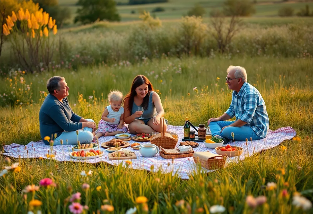 This charming image depicts a family enjoying a delightful picnic in a serene meadow during golden hour. The warm light bathes the scene, creating a soft and inviting atmosphere as they gather around a blanket filled with colorful foods. The shallow depth of field draws attention to their picnic spread, while the gentle blur of flowers in the background adds a touch of vibrancy. With a composition grounded in the rule of thirds, this image captures a moment of joy, relaxation, and togetherness in nature.