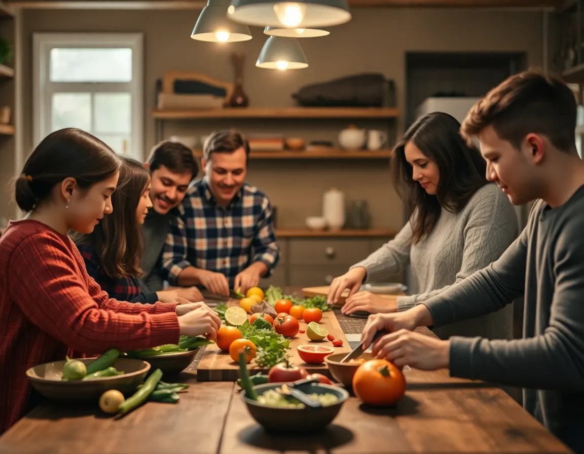 This image captures a warm and intimate family scene as they prepare a meal together in a rustic kitchen. The warm tungsten light envelops them, highlighting their hands as they chop vibrant vegetables, symbolizing teamwork and togetherness. Natural textures from the wooden table and fresh ingredients enhance the homely atmosphere. The selective focus draws attention to their activities, inviting the viewer into a moment of familial bonding and shared joy over food preparation.