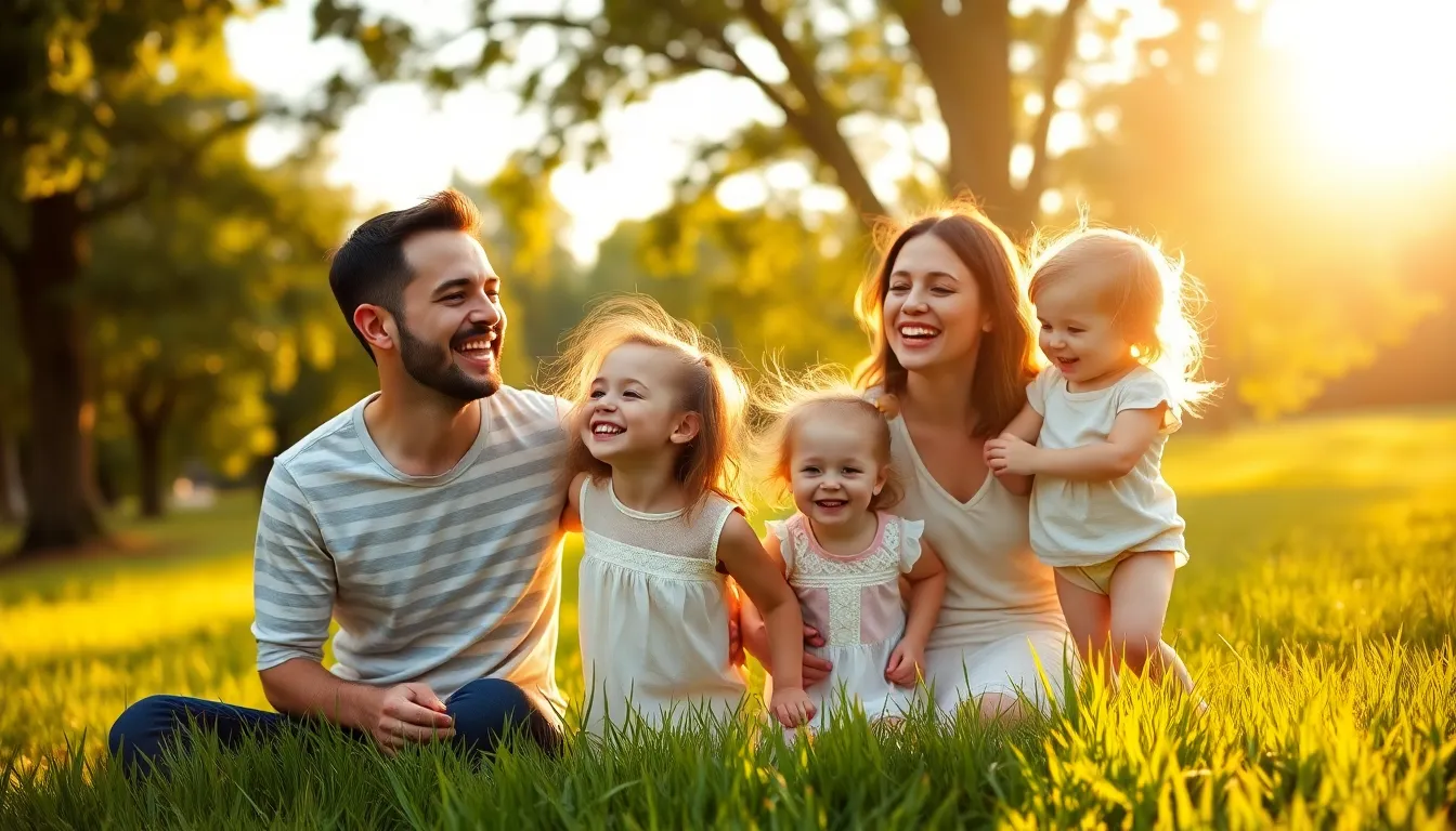 A heartwarming scene of a family enjoying a playful moment in a vibrant park during golden hour. The parents and children are caught in laughter, surrounded by the lush greenery and soft dappled light, creating a warm and inviting atmosphere. The shallow depth of field beautifully blurs the background, focusing on their joy and connection. Their pastel clothing complements the natural color palette, enhancing the cheerful mood of this family moment.