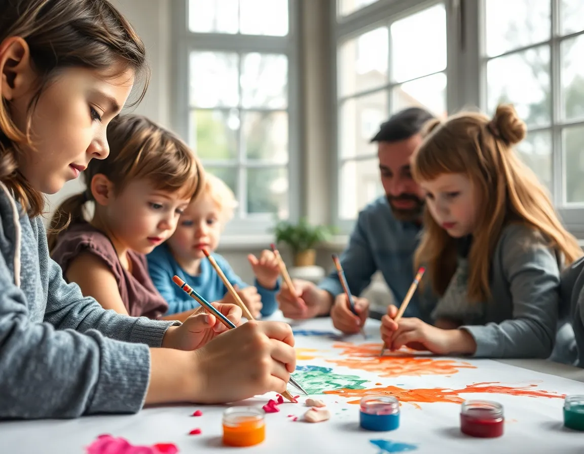 An engaging family art project scene showcasing a group immersed in painting together. The soft light highlights the vibrant colors of the paints and the concentration on their faces, creating a lively atmosphere. Each brushstroke reveals the family's creativity and teamwork. This image captures the essence of family bonding through artistic expression, enhanced by the textures of the art materials and their natural skin details.