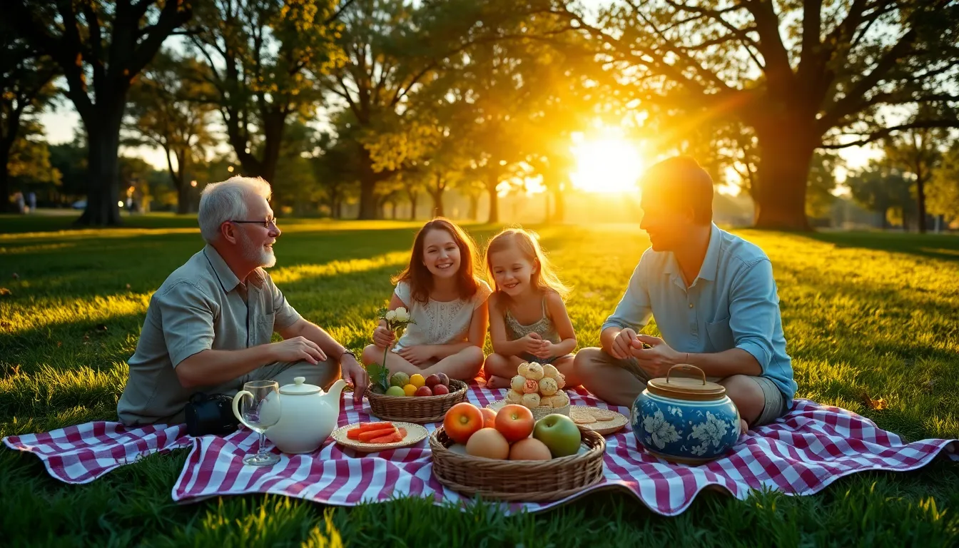 A joyful family of four captures a candid moment in a sunlit park during golden hour. The parents and children are laughing and playing on the grass, with the warm light creating a gentle glow around them. The background fades into a soft blur, highlighting their expressions of joy. The scene portrays a sense of togetherness and warmth, enhanced by the rich earth tones surrounding them.