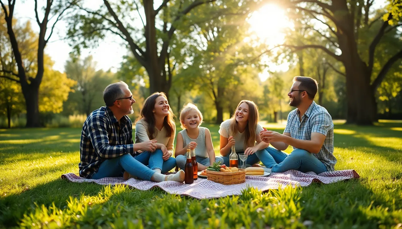 A heartwarming scene featuring a family of four enjoying a sunny picnic in a vibrant park. With laughter echoing amidst the dappled sunlight, the composition showcases the joyful interactions, captured with great detail and warmth. The blurred background emphasizes the happy family, while the textures of the blanket and grass enhance the inviting atmosphere. This image beautifully conveys the essence of togetherness and outdoor fun.