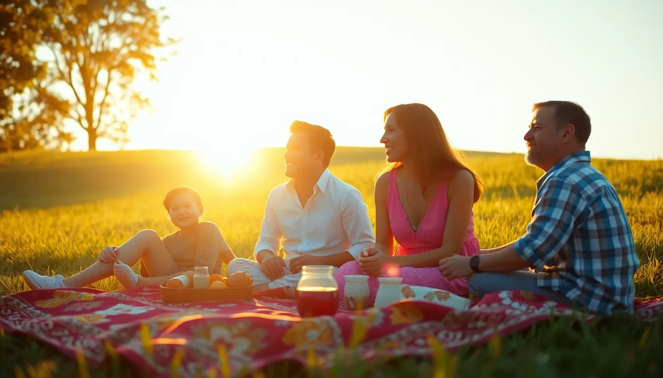 A warm, inviting scene of a family of four gathered for a picnic on a grassy hill during golden hour. The backlighting creates a beautiful halo effect around their silhouettes, enhancing their joyful expressions. The vibrant quilt and natural textures of the grass contribute to a lively atmosphere, making it a perfect representation of family bonding moments. The soft colors evoke a sense of warmth and togetherness.