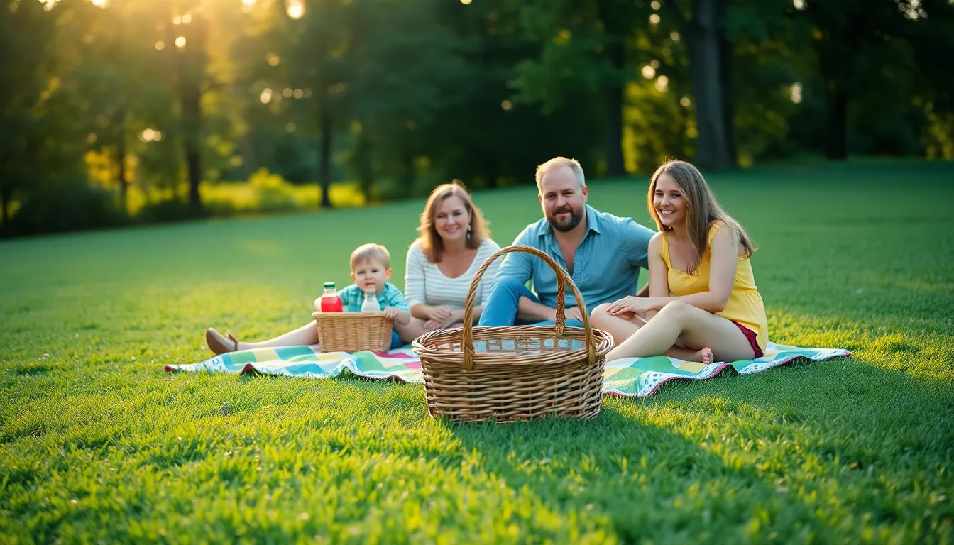 This heartwarming image captures a family enjoying a picnic on a vibrant green lawn during the golden hour. The soft backlighting creates a warm glow around them, enhancing their joyful expressions and connection. The lush background melts into a beautiful bokeh, with the colorful picnic blanket and basket adding charm and warmth to the scene. The overall atmosphere radiates happiness and togetherness, perfect for lifestyle themes.
