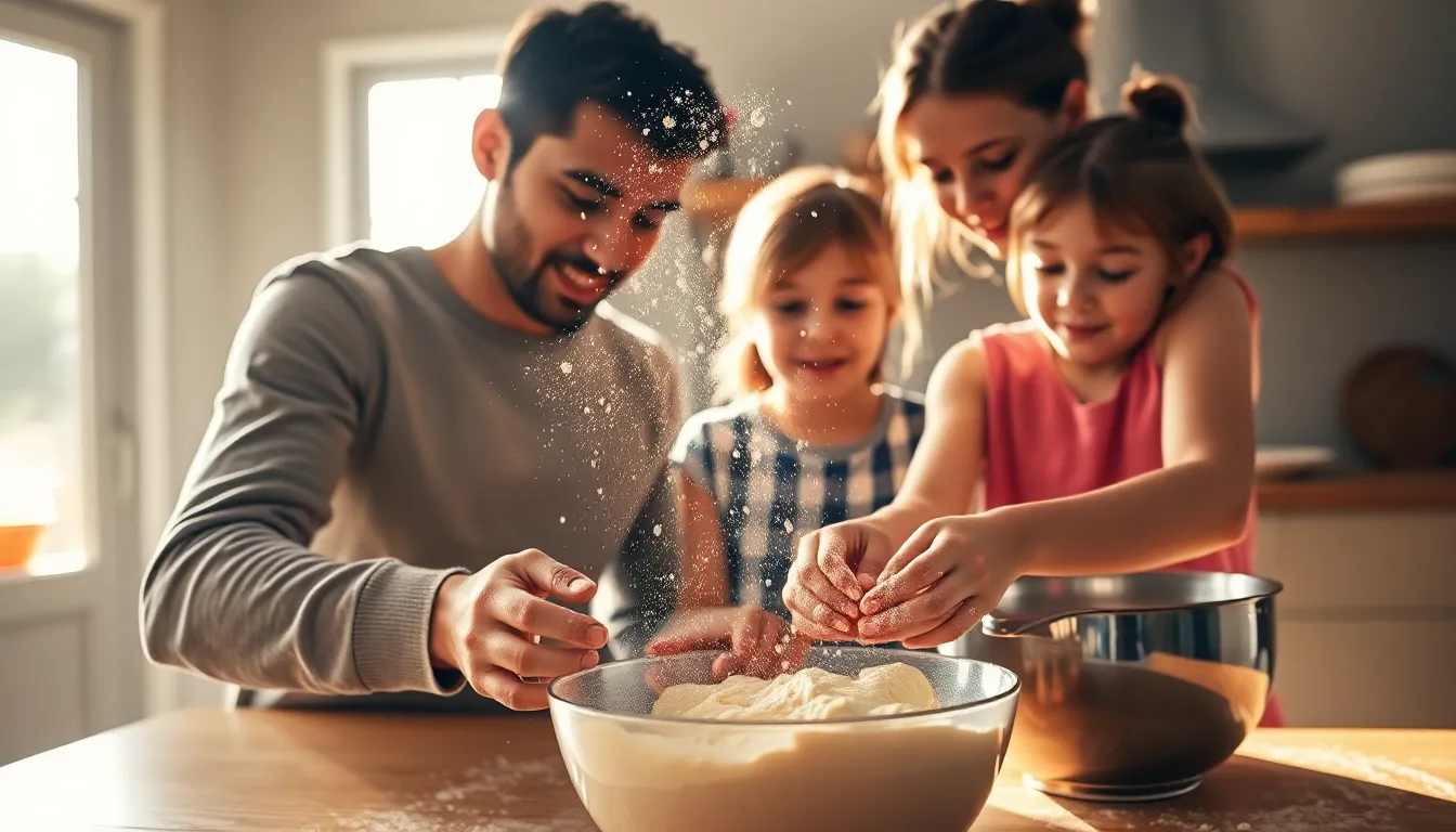 This evocative image showcases a family of three joyfully baking together in a bright, sunlit kitchen. The warm light enhances the textures of their hands and the ingredients, while soft flour particles float in the air, creating a magical atmosphere. The macro perspective brings viewers close to their shared experience, conveying warmth, love, and the joy of family cooking in a beautifully composed scene.
