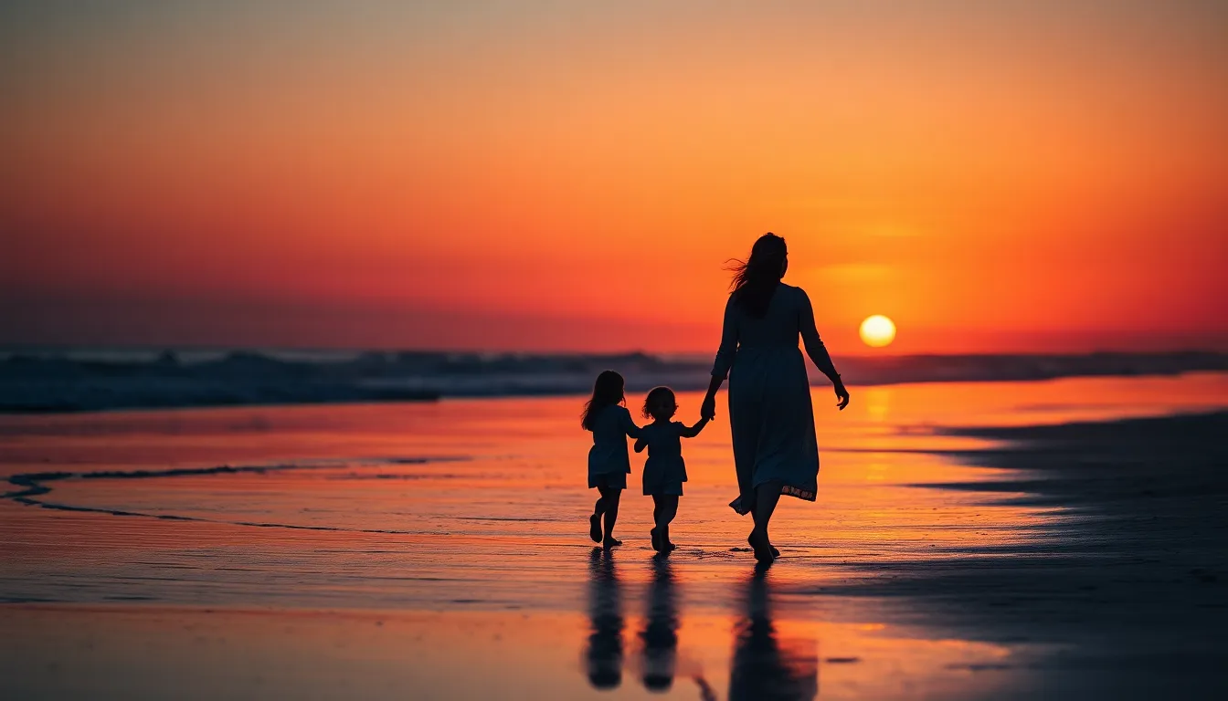 A captivating scene of a family of three walking hand-in-hand along the shore during sunset. Silhouetted against vibrant hues of orange and deep blue, this image captures the essence of togetherness in nature. The sharp details of the waves and beach emphasize the tranquil atmosphere, while the golden sunset creates a magical backdrop. This photograph beautifully represents family bonds and outdoor adventures.