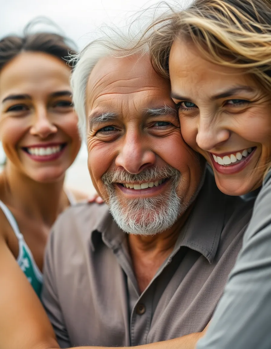 A touching portrait capturing a multi-generational family enjoying a warm embrace at the beach. The soft overcast light enhances their warm expressions, reflecting love and connection. The gentle blur of the ocean background complements the rich natural colors, emphasizing the importance of family moments by the sea.