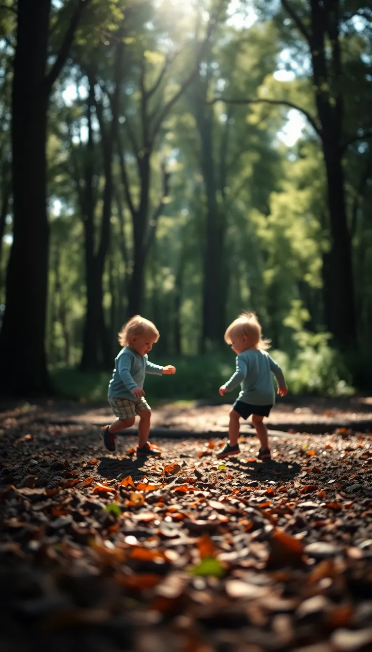 Two siblings joyfully play together in a sunlit forest glade, their laughter echoing among the trees. The dappled sunlight creates beautiful highlights, enhancing the vibrancy of the scene. Captured at a dynamic angle, the composition breathes life into their playful interaction against a backdrop of rich earthy textures. The muted color palette reflects the natural environment, reinforcing a sense of childhood wonder.