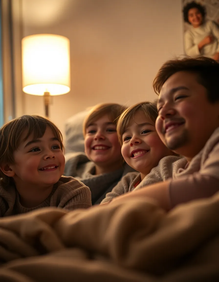 An intimate scene of a family enjoying a movie night at home, nestled among plush pillows and cozy blankets. The soft glow of a lamp casts warm light on their happy faces, particularly highlighting the expressions of the children as they delight in the film. The background subtly fades into softness, enhancing the cozy and inviting atmosphere of this treasured family moment.