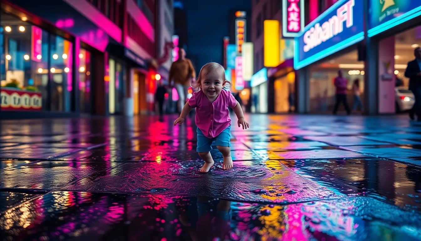 A vibrant and dynamic scene of a small child gleefully jumping in rain puddles, surrounded by colorful reflections from nearby neon signs. The sharp focus on the child contrasts with the soft background, enhancing the joy and playfulness of the moment. The rich saturation of colors brings life to the image, while the splashes of water frame the scene perfectly. This captures the essence of childhood joy and carefree moments.