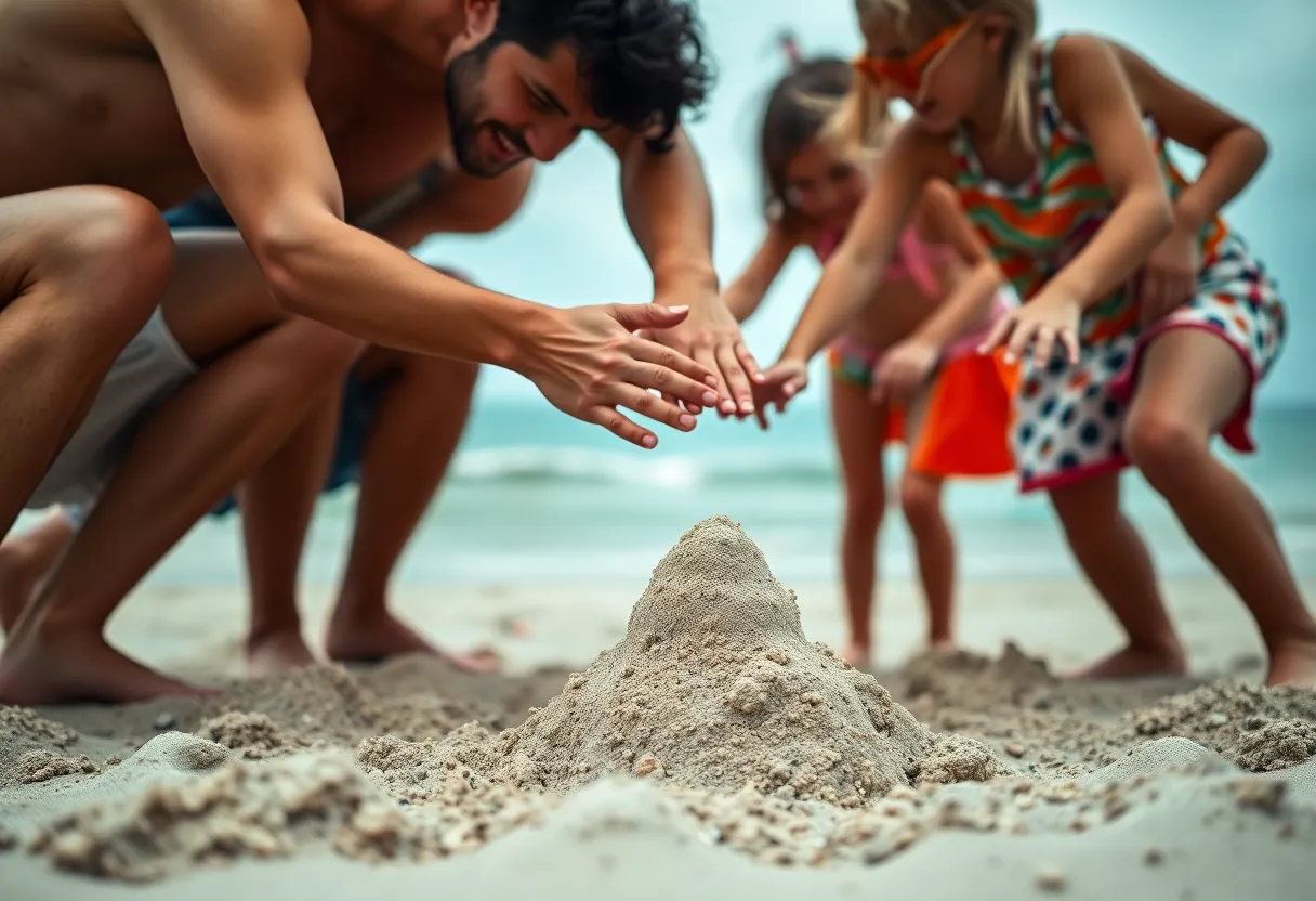 An engaging scene of a family building a sandcastle on the beach, captured with a focus on their hands in playful interaction. The overcast day provides soft, diffused lighting, creating a serene atmosphere. The cinematic teal and orange color grading adds warmth and vibrancy to the scene, while the centered composition emphasizes the family's connection and shared joy in their beach activities.