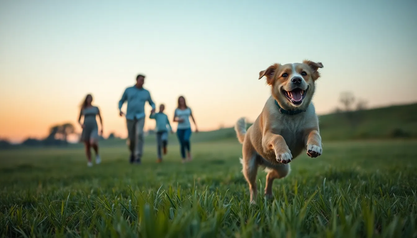 This lively scene captures a family enjoying an outdoor evening together, highlighted by the warm glow of the setting sun. The joyful momentum of their dog leaping in the grassy field adds energy to the composition, while the soft evening light enhances the natural beauty of the moment. With rich textures in the grass and the dog's fur, this image beautifully encapsulates the joy and connection of family and their beloved pet.