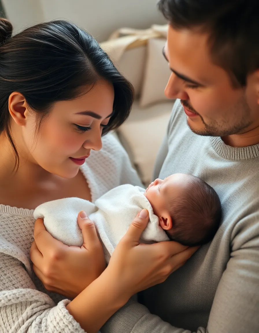 A tender portrait of new parents embracing their newborn in a softly lit nursery. The gentle lighting creates a warm glow, highlighting the love and joy in their expressions. The pastel colors and delicate textures of the baby blankets add to the serene atmosphere of the moment. This image beautifully captures the essence of new beginnings and the warmth of family love.