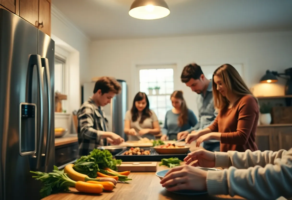 A heartwarming scene of a family cooking together in their beautifully styled kitchen, capturing the essence of home and togetherness. The warm tungsten lighting creates a cozy atmosphere, while the textures of the wooden countertops and shiny appliances enhance the inviting feel. Hands busy with fresh ingredients showcase the joy and involvement of family cooking.