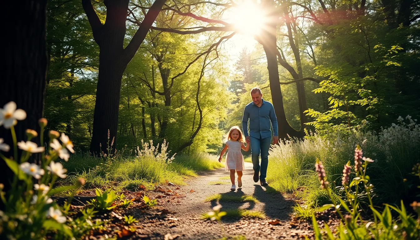 A vibrant father-daughter duo captured during a playful walk through a sunlit woodland. Dappled sunlight creates an enchanting atmosphere as it filters through the leafy canopy, illuminating the vivid colors of wildflowers surrounding them. The joyful expressions of the father and daughter depict their bond and happiness in nature. The rich textures of the trees and foliage add depth and realism to this heartwarming moment.