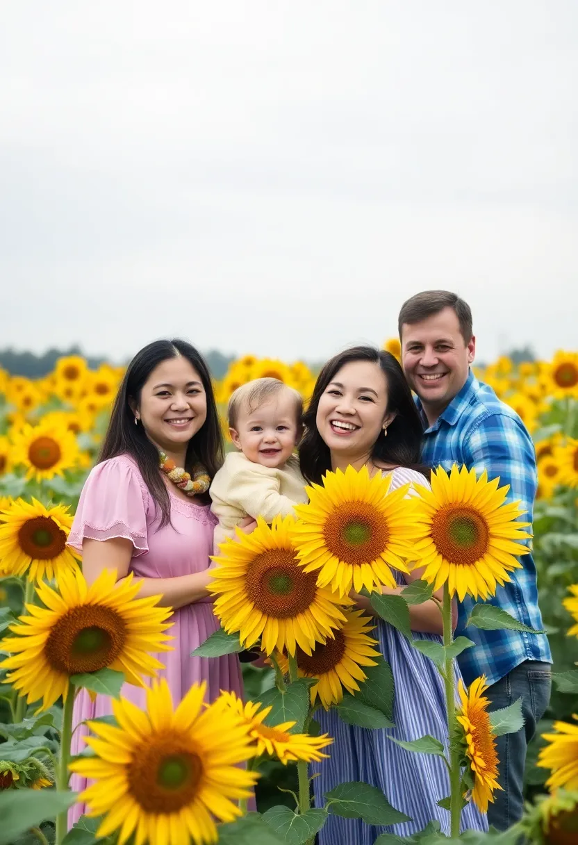 A bright and cheerful family portrait set amidst a vibrant sunflower field. The family, dressed in pastel colors, is playfully arranged among the towering sunflowers that create a stunning backdrop. Soft, diffused light from an overcast sky enhances the warmth of their smiles, while a shallow depth of field focuses on the family, allowing the sunflowers to blur into a colorful bokeh.
