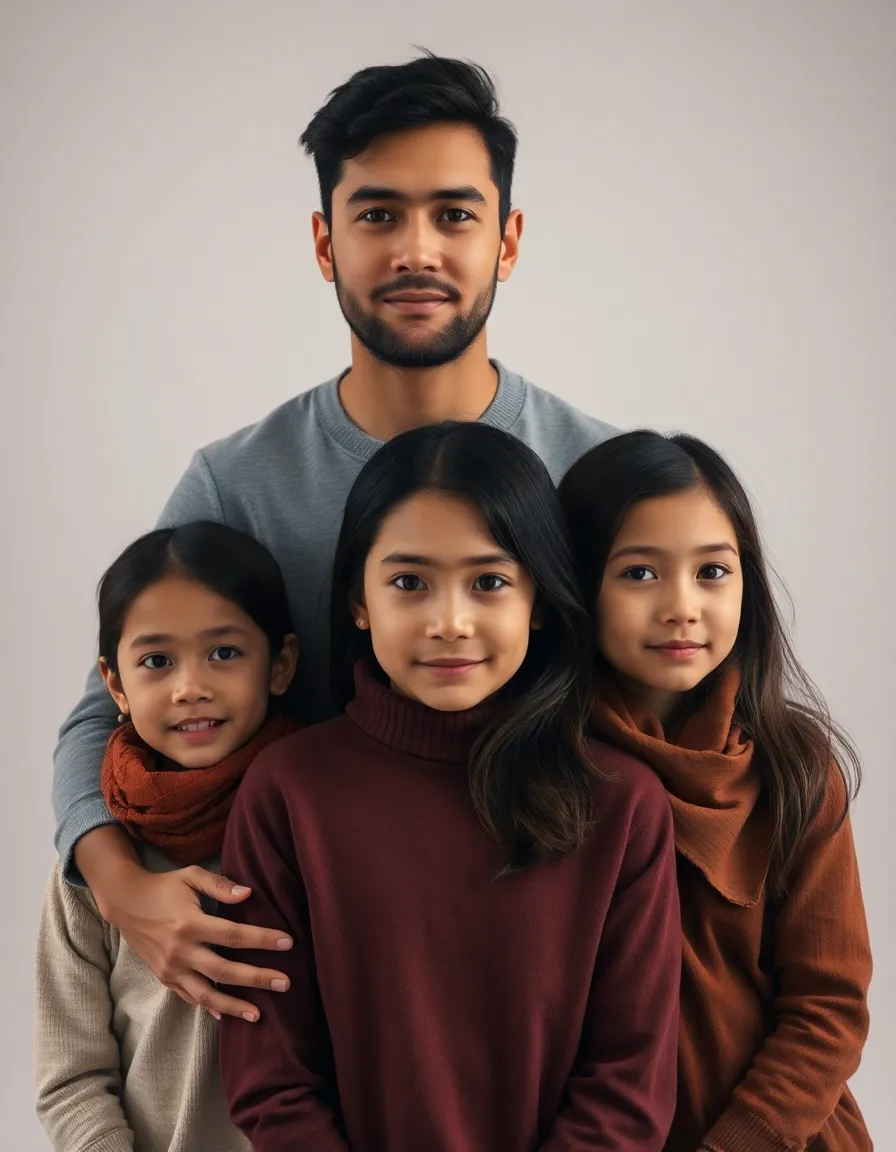 This beautifully crafted family portrait showcases a tight-knit family under soft studio lighting. The three-point lighting setup creates a gentle halo effect around their faces, highlighting their natural skin textures. Muted earth tones of the clothing harmonize with the delicate studio ambiance, creating an intimate feel. The classic composition emphasizes their bond, making it a perfect representation of family love.