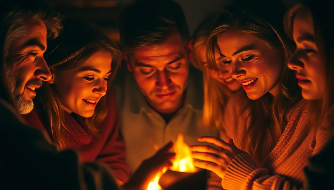 This image beautifully illustrates the warmth and closeness of a family gathered around a crackling fireplace on a cozy evening. The flickering firelight creates dynamic shadows and highlights, enhancing the warmth of the scene with its teal and orange tones. The composition and focus on their joyful expressions convey a sense of intimacy and connection, making this moment resonate with anyone who values family time.