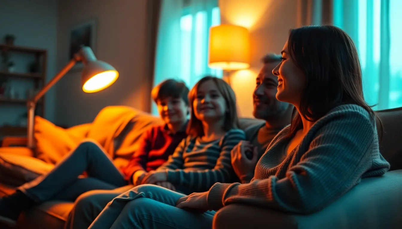 A family cozily settles in for a movie night on their plush couch, illuminated by the warm glow of a nearby lamp. The boy, nestled between his parents, exudes excitement for the film. The colors are richly graded in teal and orange, enhancing the warmth of their gathering. This intimate moment captures laughter and closeness, with the texture of the blanket and couch inviting viewers to share in their experience.