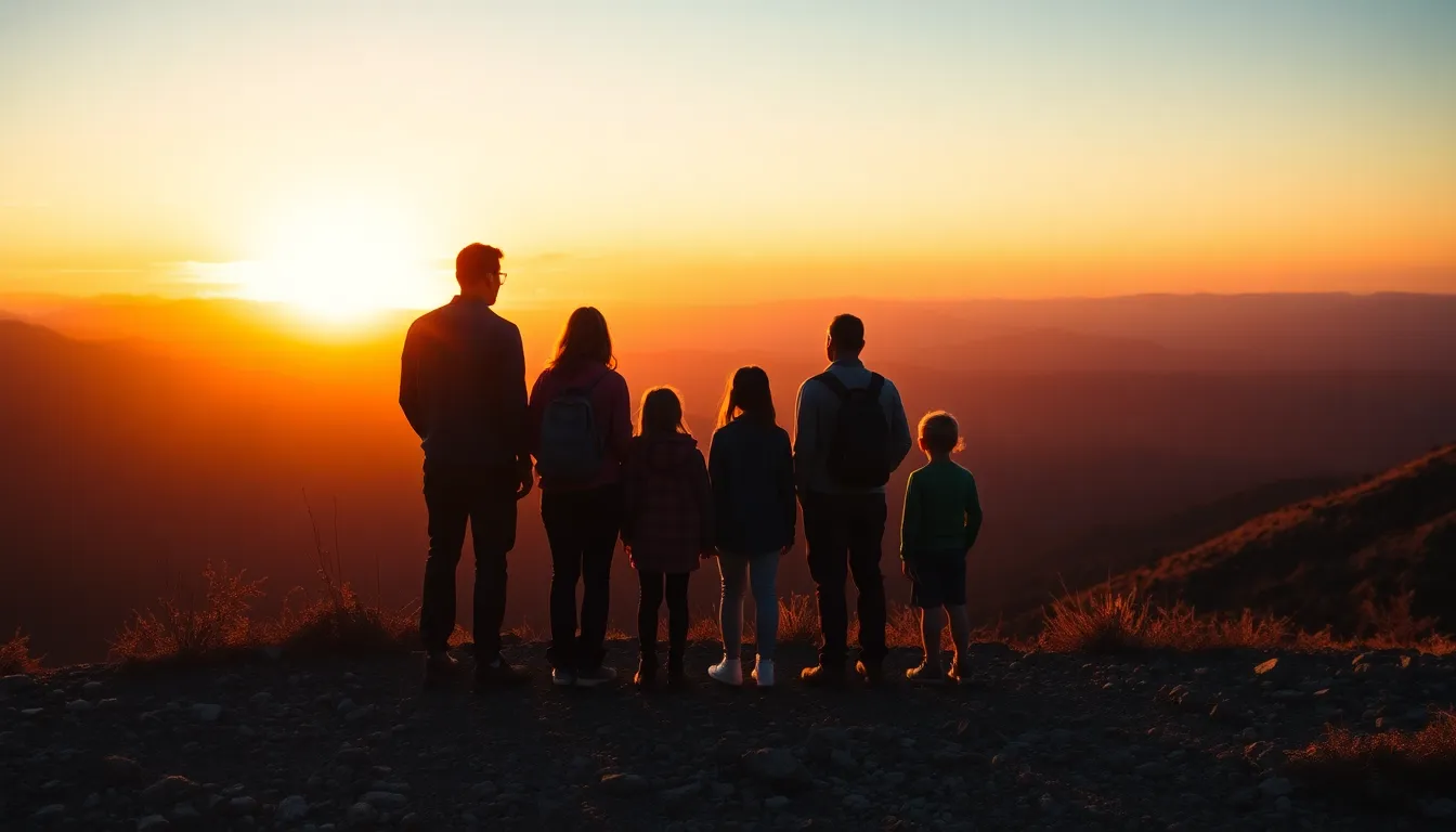 A breathtaking family hike at sunset with silhouettes against a stunning mountainous backdrop. The warm hues of the sunset sky blend beautifully, framing the family as they pause to take in the view. The foreground features textured rocks leading the eye towards the horizon, illustrating the adventure and close-knit bond among the family members.