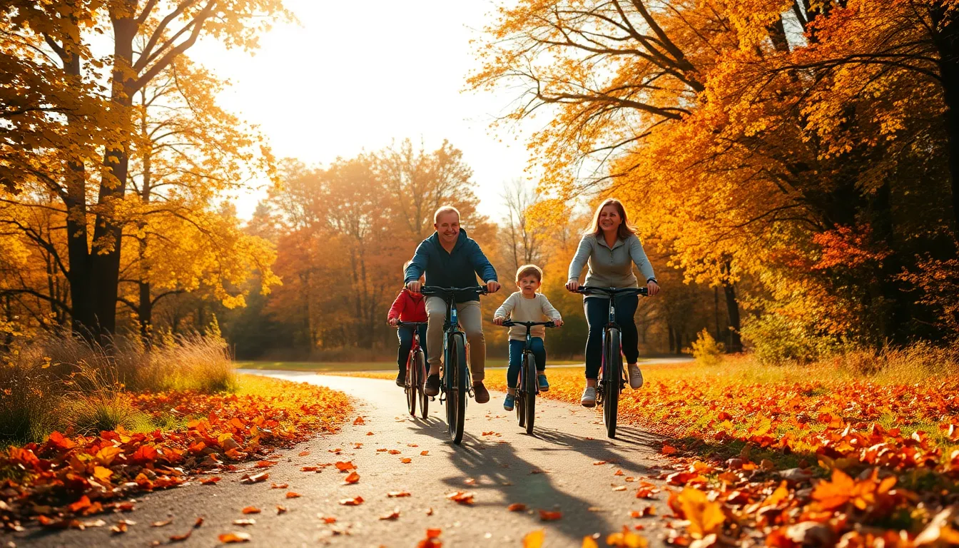 A lively scene of a family biking together in a beautiful autumn landscape, surrounded by vibrant fall foliage. The golden sunlight enhances the warm colors of the leaves, creating a picturesque backdrop for this outdoor adventure. The focus on the family against the sharp, colorful background captures the essence of joy and togetherness in nature’s seasonal beauty.