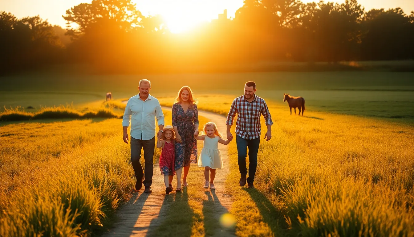 Family Strolling on a Beach at Sunset