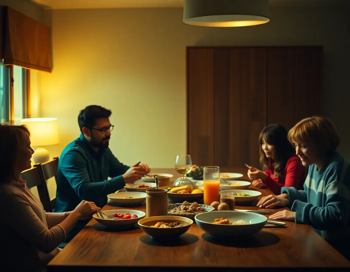 This intimate close-up captures a tender moment between parents as they hold their child's tiny hands. The warm glow from the tungsten lamp creates a soft ambiance, highlighting the depth of their connection. The selective focus draws attention to their hands while the cinematic color grading enhances the emotional tone. It's a beautiful portrayal of family love and togetherness.