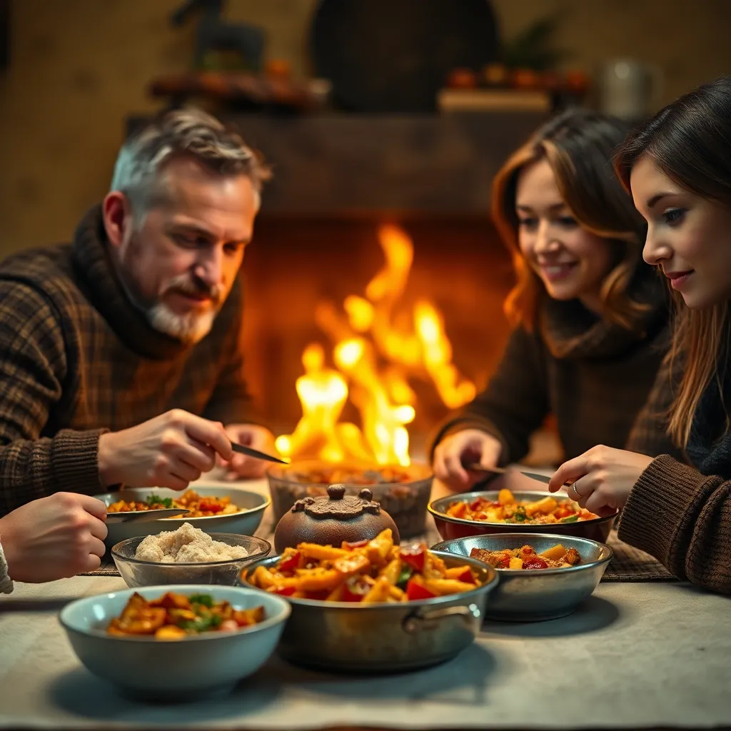 An exquisite close-up capturing the essence of a family sharing a homemade dinner by firelight. The warm glow creates an intimate atmosphere, drawing attention to the vibrant colors of the food and the sincere expressions on their faces. With a focus on textures and details, this image conveys the warmth and love that fills a family meal. This close-up invites viewers to experience the joy of togetherness around the dining table.