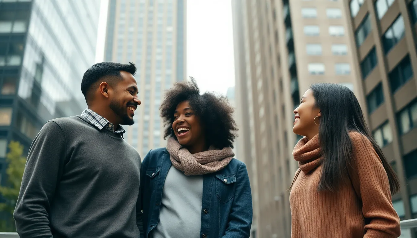 In this captivating image, a diverse family of four shares a joyful moment in an urban setting. The overcast lighting enhances the intimacy of their interaction, with the cityscape providing a dynamic backdrop. The sharp focus and muted tones create a serene yet vibrant atmosphere, showcasing the unique blend of family life against the hustle of city living. This image beautifully conveys the essence of togetherness in a modern lifestyle.