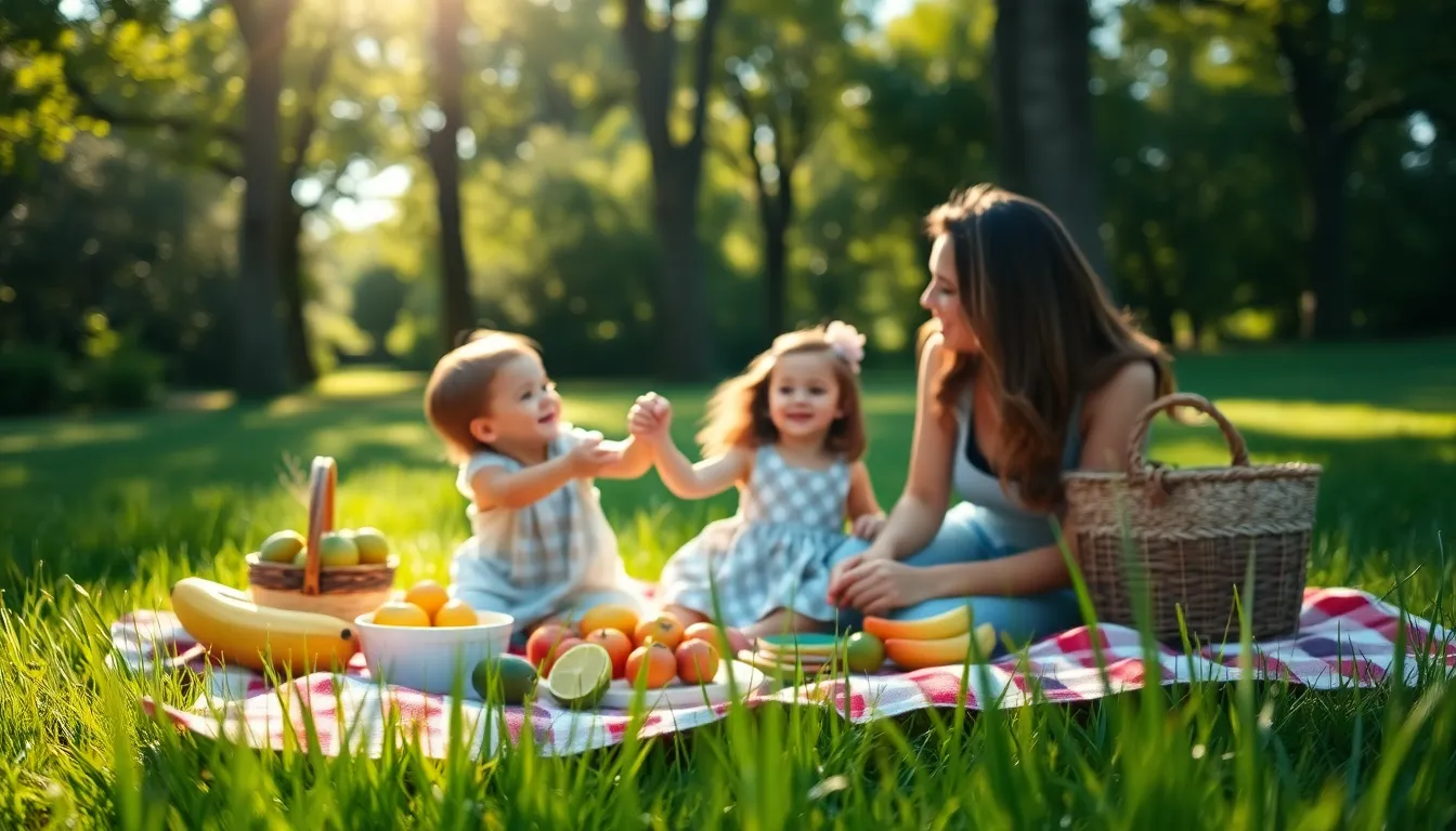 This image captures a heartwarming family moment during a picnic in a sunlit park. A mother and child share a joyful connection, enjoying fresh fruits on a charming checkered blanket. The soft morning light filters through the trees, creating a magical atmosphere filled with vibrant greens and warm yellows. Dappled shadows enhance the scene, making it perfect for conveying family joy and outdoor leisure.
