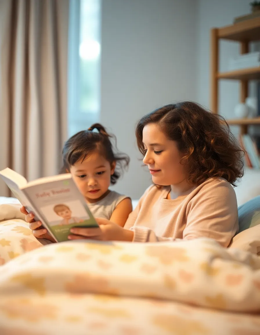 A tender moment in a softly lit bedroom, where a mother reads a bedtime story to her child. The ambient light filters through the window, creating a warm and comforting atmosphere. The child's expression is captured with beautiful detail, while the selective focus softens the background. This serene scene embodies the warmth and love of family time at home, enhanced by soft pastel colors.