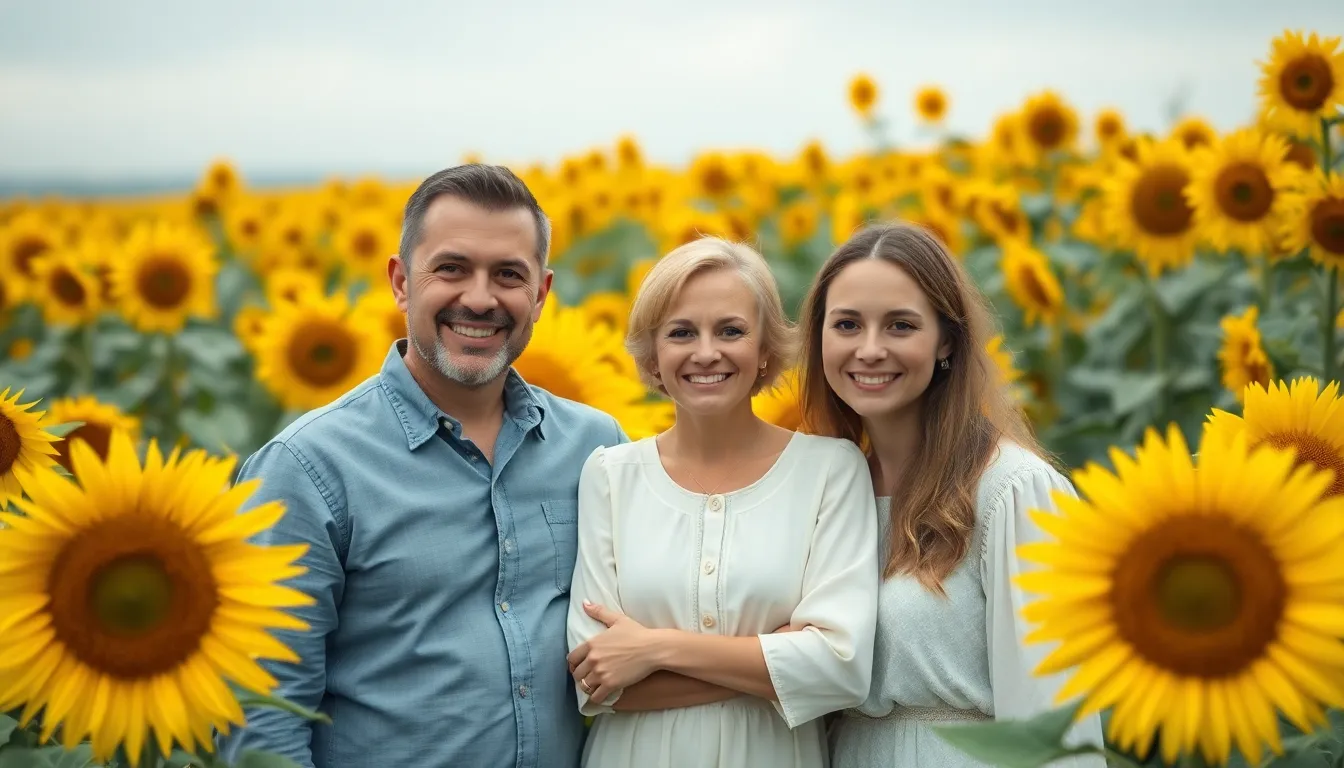 This enchanting image features a family of three posing together in a vibrant sunflower field, capturing the essence of joy and togetherness. The overcast daylight creates a soft, diffused ambiance, perfect for highlighting their cheerful expressions and light, airy clothing. Sunflowers bloom behind them in a sea of yellow, creating a beautiful backdrop. This portrait not only symbolizes family love but also the beauty of nature's seasons.