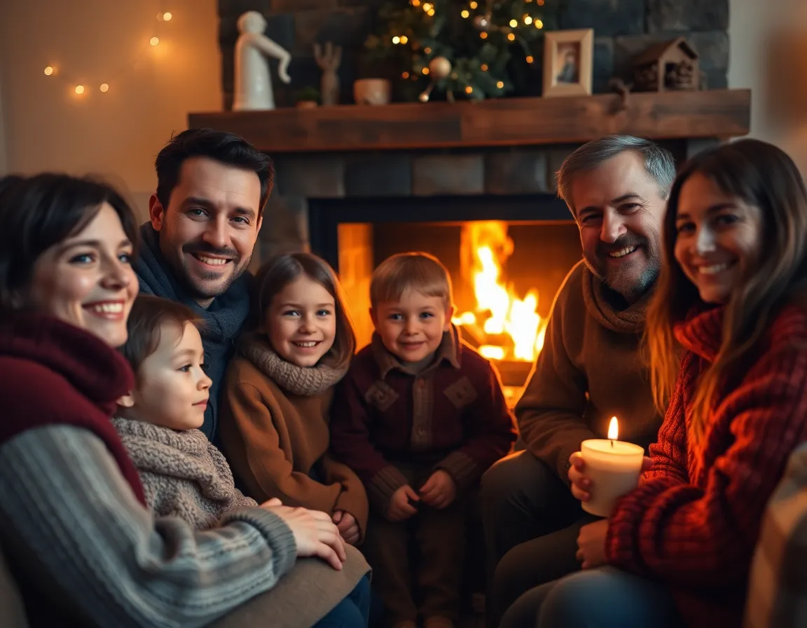 An intimate winter scene featuring a family gathered around the fireplace, surrounded by soft flickering firelight. The warm earth tones enhance the cozy atmosphere, inviting viewers into their snug living room. The photograph captures the joy and connection shared among family members as they spend quality time together. The shallow depth of field focuses on the family's expressions, adding to the warmth of the moment.