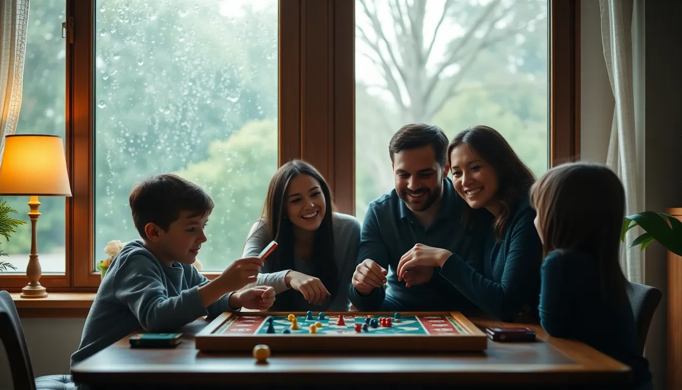 A warm and inviting scene of a family enjoying a relaxed game day indoors, framed by the cozy ambiance of a rainy afternoon. Natural light filtering through the window adds a unique texture to the image, while focused details on the family and game pieces evoke a sense of intimacy and connection. The deep greens and warm wood tones create a soothing atmosphere. This captures the essence of joy, laughter, and bonding during cherished moments spent together.