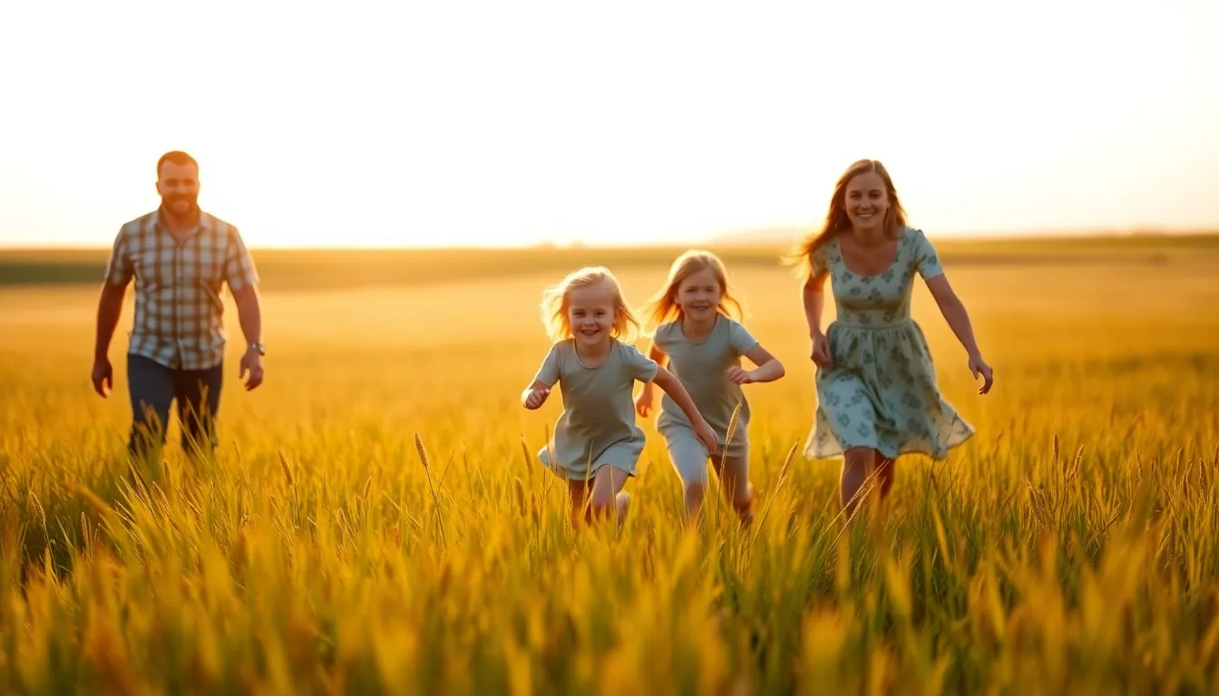 This captivating image showcases a family enjoying playful moments in a sunlit field during golden hour. Children are seen running freely among tall grass, while their parents watch lovingly. The warm golden light enhances the joyful atmosphere and the textures of the grass bring the scene to life. The composition captures the essence of family happiness and freedom in nature.