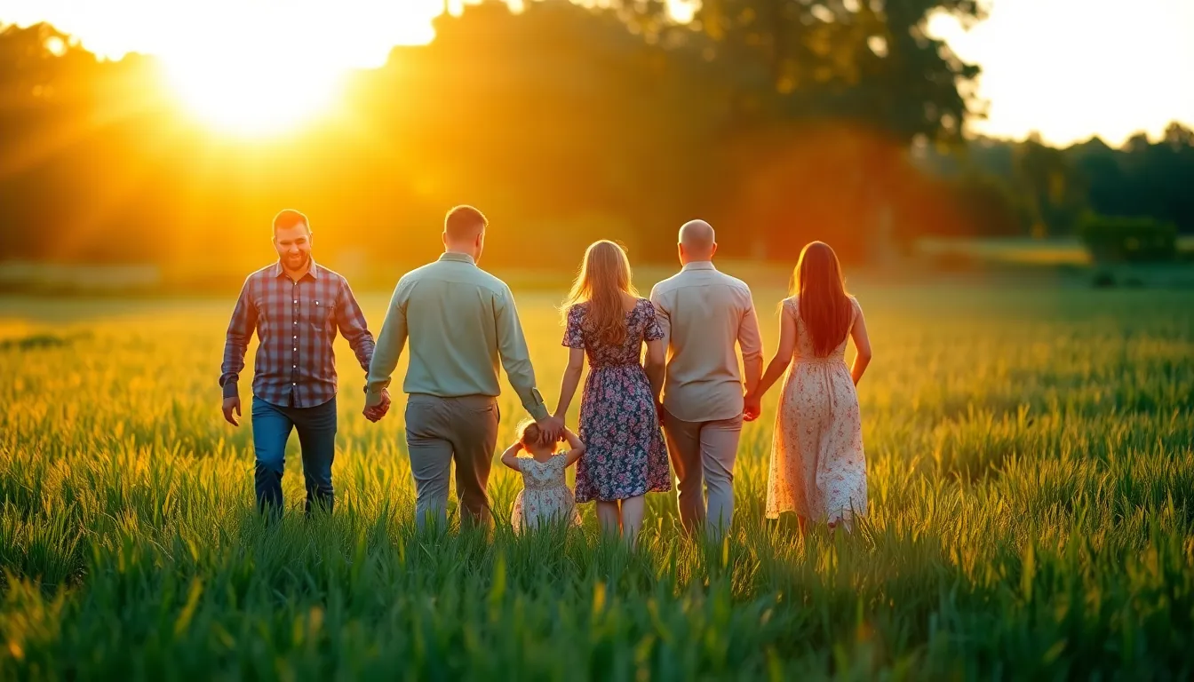 An enchanting outdoor scene featuring a family of five standing hand in hand in a sun-drenched field during golden hour. The soft backlighting creates a beautiful halo effect around them, enhancing their joyful expressions. The bokeh background adds a dreamy quality to the image, capturing the essence of togetherness in nature. The warm colors evoke feelings of love and connection.