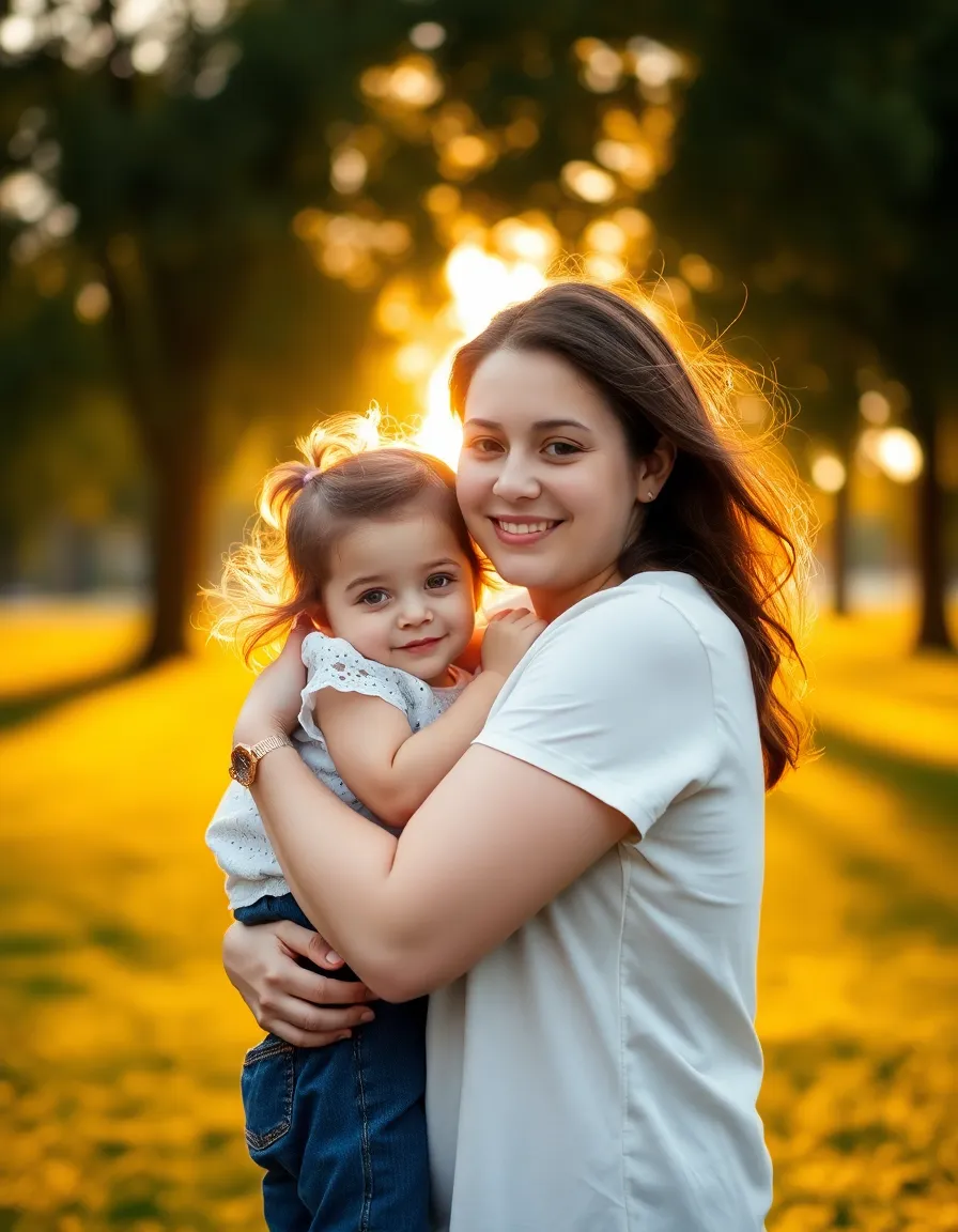 This touching portrait captures the bond between a mother and her child as they embrace in a tranquil park setting during golden hour. The warm, soft light envelops them, highlighting their joyful expressions and creating an intimate atmosphere. The blurred background draws focus to their connection, enriching the emotional depth of the image. This composition beautifully conveys love, warmth, and the essence of family.