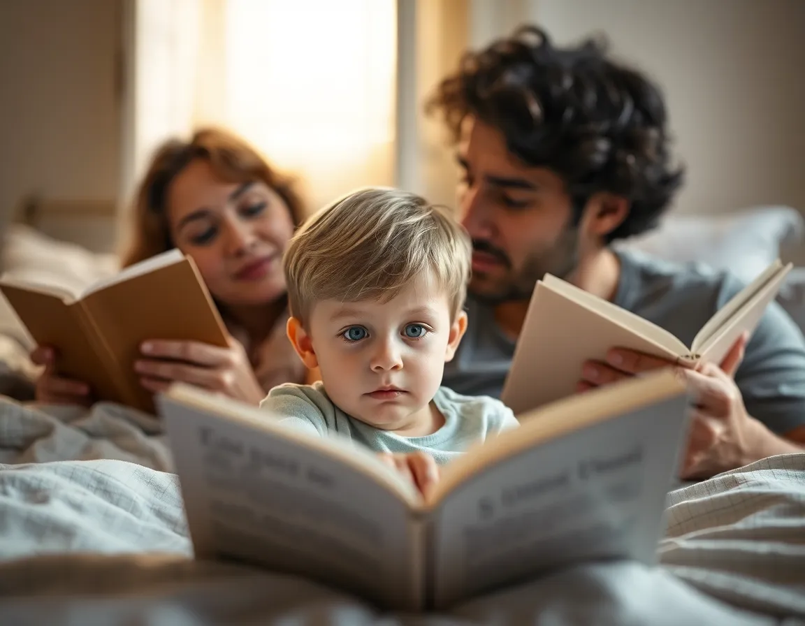An intimate scene of a family of three reading together in a softly lit bedroom, showcasing the warmth of familial bonds. The natural light streaming in creates a cozy atmosphere, while the focused expression of the child captures the magic of storytelling. Textures of the linen bedding and the soft tones of the room enhance the comforting mood of this serene moment.