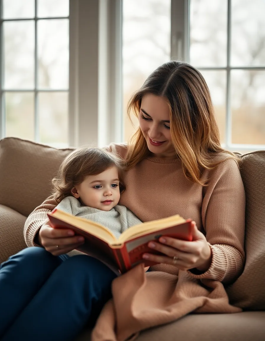 An intimate portrait of a mother and daughter sharing a joyful moment in their cozy living room. Warm tungsten lighting creates a soft, inviting atmosphere as their genuine smiles light up the image. The focus on their expressions captures a heartfelt connection, set against a backdrop of cherished memories. This image beautifully illustrates the warmth and love that characterize family bonds.