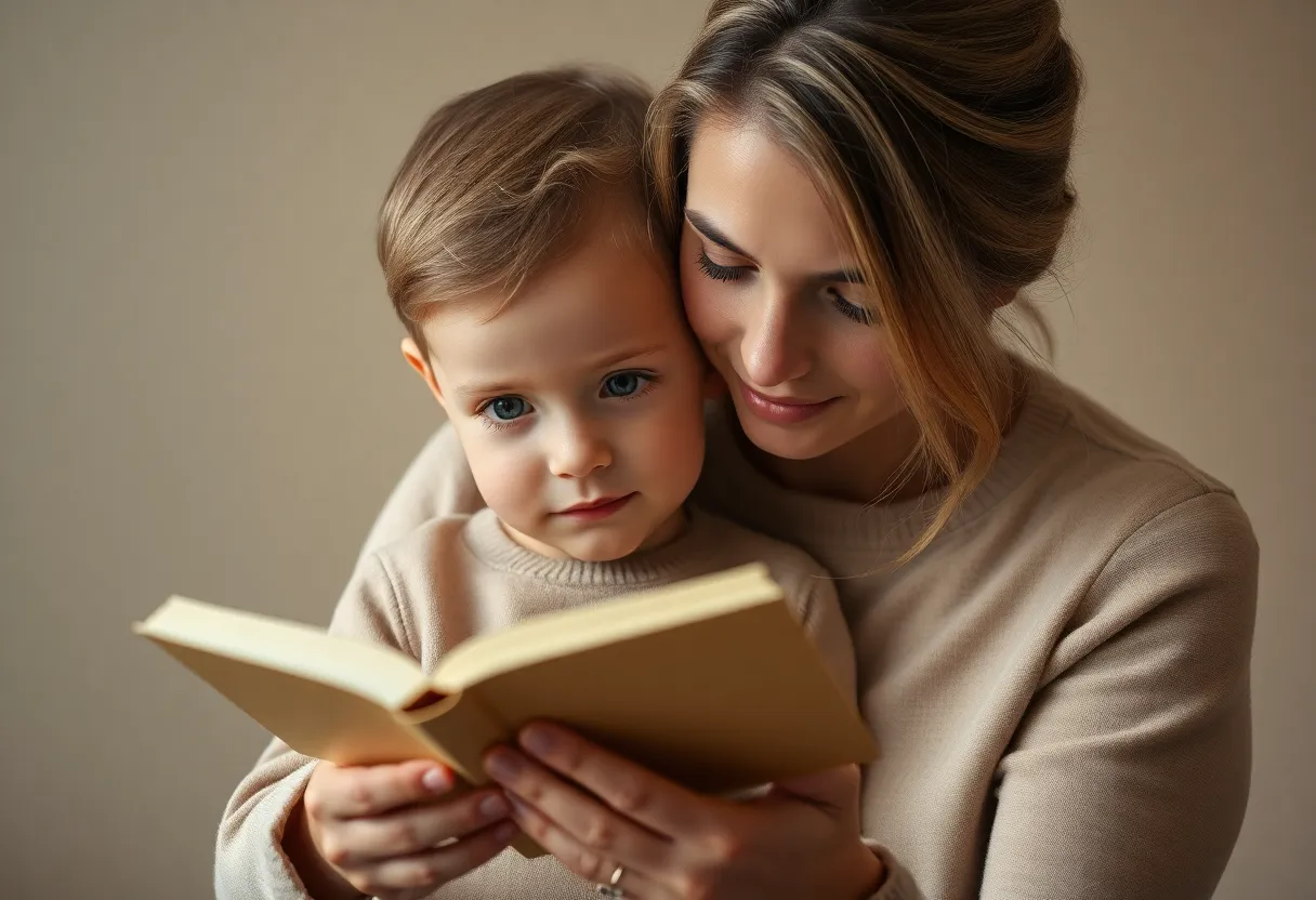 In this intimate studio shot, a mother gently reads to her toddler, who is captivated and gazing intently. The lighting creates a soft halo around them, emphasizing their connection. The muted color palette adds a sense of calm to the scene, enhancing the loving atmosphere. The focus on the child's expressive eyes invites viewers into their shared experience and the texture of their clothing adds warmth to the image.