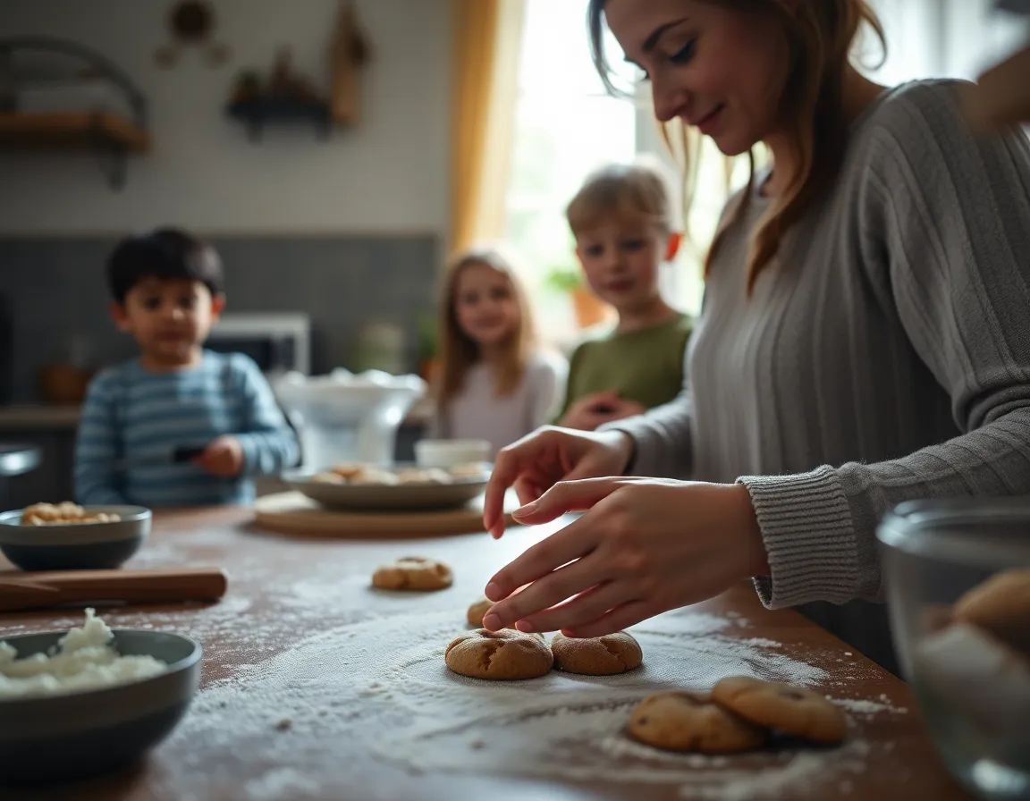 A cozy kitchen scene capturing a mother baking cookies with her two children. The warm, natural light from the window envelops the kitchen, highlighting the mother's skillful hands kneading dough. The children, with expressions of excitement, are peering closely, ready to join. The colors are warm and inviting, evoking feelings of family bonding and nostalgia.