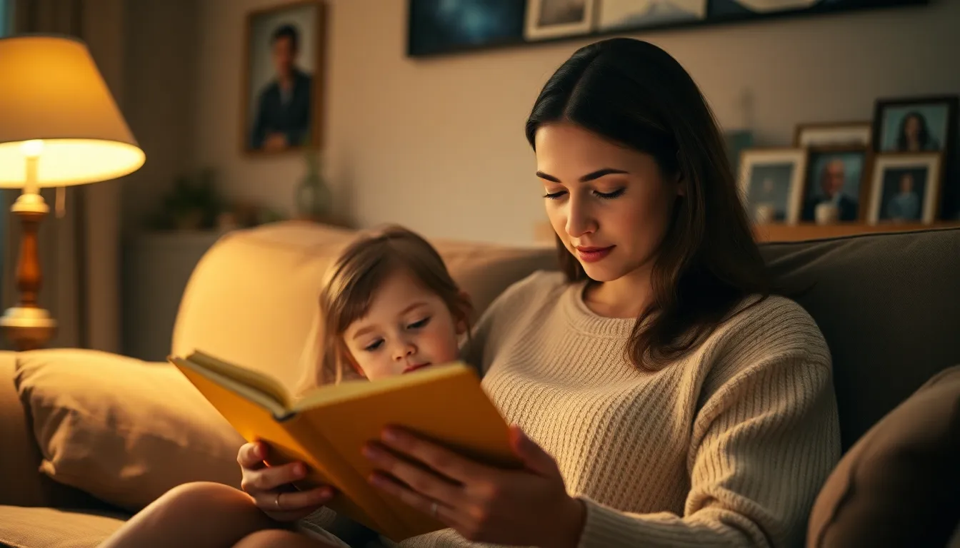 This image captures a warm moment of a mother reading to her young child on a cozy sofa, surrounded by family photographs. The softly glowing light from a nearby lamp bathes the room in a comforting hue, accentuating the bond between them. The textures of the plush sofa and the gentle details of their faces create a serene atmosphere, ideal for evoking feelings of familial love and connection.