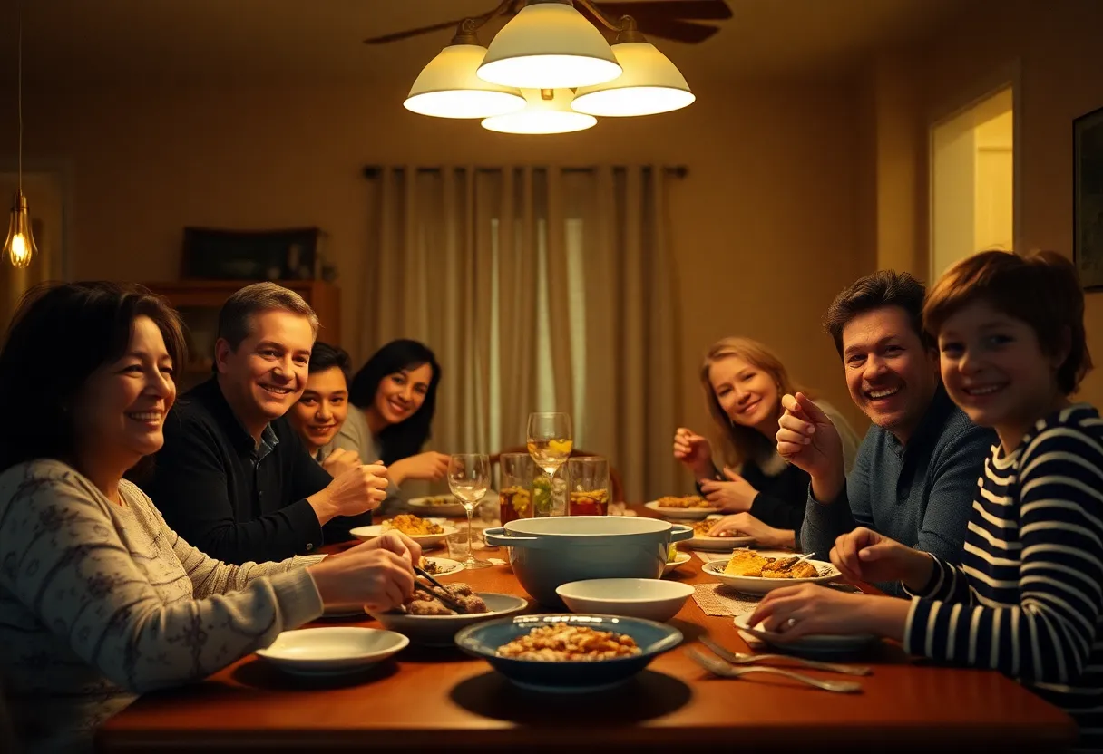 A heartwarming scene of a family sharing a meal around the dinner table, illuminated by warm, inviting light. Their animated expressions reveal the joy of togetherness, set against the backdrop of delicious food and the texture of the wooden table. The warm color palette amplifies the cozy atmosphere, making this image resonate with feelings of love and connection. This captures the essence of family life and the simple joy of sharing a meal.