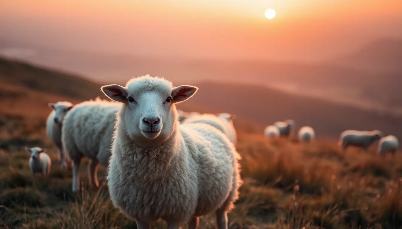 This tranquil image presents a flock of sheep grazing peacefully on a hillside during sunrise. The golden light enhances the softness of their wool while casting a warm glow over the scene. The shallow depth of field creates a dreamy atmosphere, focusing on one sheep amidst the serene landscape. The pastel color palette adds to the calm mood, making it perfect for portraying rural tranquility and the beauty of nature.