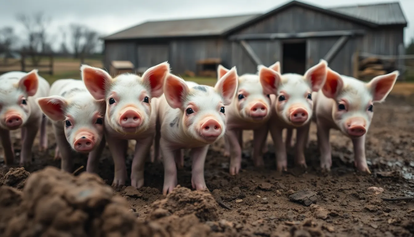 A lively group of piglets frolic in the muddy earth of a farmyard, captured during soft, overcast daylight. The muted colors reflect the natural setting, enhancing the cute charm of the piglets as they explore their surroundings. The composition centers on their playful antics, creating a heartwarming scene of rural life.