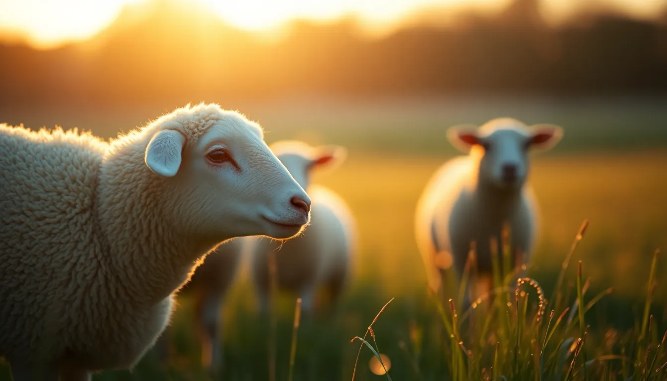 A serene scene of a fluffy white sheep standing gracefully in a lush green pasture during golden hour. The warm backlighting highlights its woolly texture, while soft bokeh blurs the background. The dew-covered grass glistens in the sunlight, creating a tranquil atmosphere. This peaceful rural setting embodies the essence of farm life.