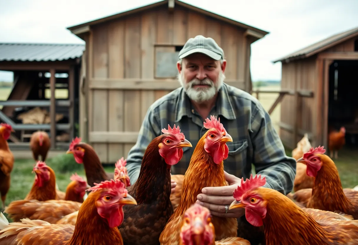 Farmer Feeding Chickens In Soft Light In this inviting farm scene, a farmer is seen feeding a group of chickens under soft, diffused daylight on an overcast day. The vibrant colors of the chickens contrast beautifully with the rustic wooden coop, creating a warm, homely atmosphere. The image captures detailed textures—from feathers to weathered wood—making it a quintessential representation of farm life.